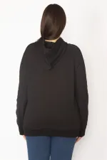 Kadın Siyah Lak Baskı Ve File Detaylı Kapşonlu Kanguru Cepli Sweatshirt 65N28358