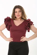 Kadın Büyük Beden Bordo Volan Kollu Arka Gizli Fermuarlı Bluz 65N37533