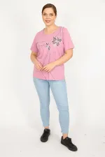 Kadın Pembe Büyük Beden Pamuklu Kumaş Ön Baskılı Bluz