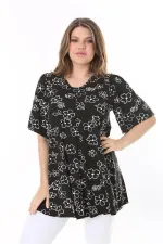 Kadın Büyük Beden Siyah Önü A Pileli V Yakalı Tunik 65N37793