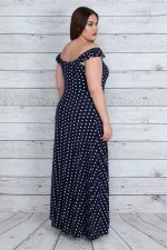 KADIN LACİVERT YAKA VE ASKILARI LASTİK DETAYLI PUAN DESENLİ YIRTMAÇLI UZUN ELBİSE