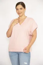 Kadın Pembe Büyük Beden V Yakalı Ribanalı Tunik