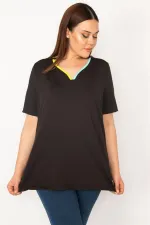 Kadın Siyah Büyük Beden Yaka Biyeli Spor Bluz 65N35618