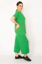 Kadın Fujya Kaşkorse Örme Beli Lastikli Geniş Paçalı Pantolon V Yakalı Bluz Takım 65N32939