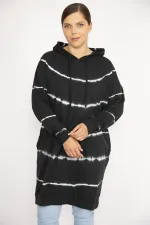 Kadın Büyük Beden Siyah Batik Desenli Kapşonlu Uzun Sweatshirt
