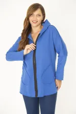 Kadın Büyük Beden Saks Ön Fermuar Ve Cepli Kapşonlu Kaşe Mont 65N36969