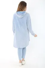 Kadın Büyük Beden Mavi Payet Detaylı Arkası Uzun Kapşonlu Sweatshirt 65N37463