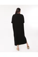 Kadın Büyük Beden Siyah, Rahat Kesim V Yaka Nakışlı Elbise 65N39077