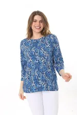 Kadın Büyük Beden Mavi Sırt Detaylı Bisiklet Yakalı Kapri Kollu Bluz 65N37586