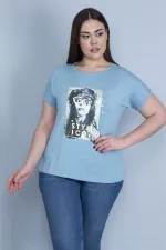 Kadın Mavi Lak Baskılı Düşük Kol Bluz 65N22983