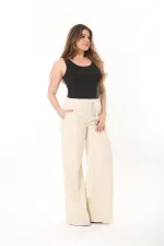 Kadın Büyük Beden Bej İçi Şardonlu Üç İplik Beli Lastik Ve Bağcıklı Eşofman Alt 65N37480