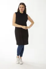 Kadın Büyük Beden Siyah Kaşkorse Kumaş Sıfır Yaka Yaka Kolsuz Uzun Bluz 65N37096