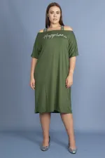Kadın Haki Sim Detaylı Ön Baskılı Viskon Elbise 65N27473