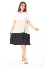 Kadın Büyük Beden Renkli Renk Kombinli Katlı Kısa Kol Elbise 65N37874