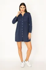 ROBE BLEU MARINE POUR FEMME AVEC POCHES ET PLIS À LA TAILLE