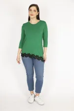 Kadın Siyah Büyük Beden Tek Omuz Dekolteli Etek Ucu Dantel Bluz