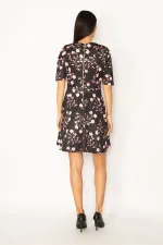 WOMEN'S BLACK ORNAMENT POCKET ZIPPERED FLORAL PATTERNED DRESS