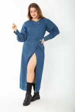 Kadın Lacivert Metal Düğmeli Anvelop Kot Elbise 65N37381