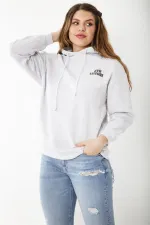 Women's Plus Size Gray Three-Thread Hooded Sweatshirt with Raised Inside 65N37199