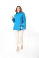 Kadın Büyük Beden Mavi Dik Yakalı Lak Baskılı Tunik 65N37496