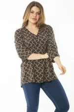 Kadın Büyük Beden Kahve Yaka Pileli Kapri Kollu Bluz 65N37147