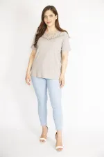 Kadın Vizon Büyük Beden Yakası Dantel Detaylı Kısa Kollu Bluz