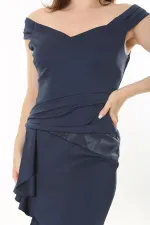 Kadın Büyük Beden Lacivert Bel Drapeli Etek Ucu Volanlı Elbise 65N37908