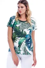 KADIN YEŞİL YAKASI SİMLİ KISA KOLLU DESENLİ BLUZ