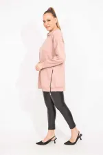 Kadın Pudra Büyük Beden Yakası Kuşgözü Ve Yan Fermuar Yırtmaçlı Sweatshirt 65N35611