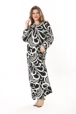 Kadın Büyük Beden Kahve Yaka Bağcıklı Uzun Kollu Maksi Boy Elbise 65N37866