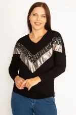 Kadın Siyah Önü Lame Bloglu V Yakalı Bluz  65N34483