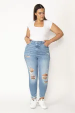 Kadın Mavi Yırtık Detaylı Yıkama Efektli 5 Cepli Skinny Kot Pantolon 65N28095