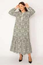 Kadın Siyah Dokuma Viskon Kumaş Etek Ucu Katlı Uzun Kollu Elbise 65N34324