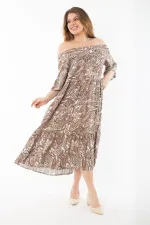 Kadın Büyük Beden Renkli Yaka Lastikli Dokuma Viskon Kumaş Katlı Elbise 65N37349