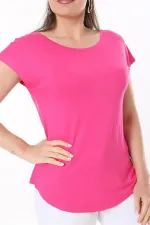 Kadın Büyük Beden Neon Pembe Bisiklet Yakalı Düşük Kollu Bluz 65N37706