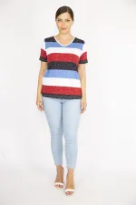 Kadın Renkli Büyük Beden Pamuklu Kumaş V Yakalı Kısa Kollu Bluz