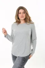 Kadın Büyük Beden Gri Bisiklet Yakalı Kendinden Çizgili Uzun Kollu Bluz 65N37529