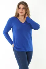 Kadın Büyük Beden Saks V Yakalı Taş Detaylı Uzun Kollu Bluz 65N37153