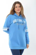 Women's Plus Size Blue Three-Thread Hooded Sweatshirt with Raised Inside 65N37464