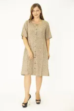 Kadın Büyük Beden Lacivert Dokuma Viskon Kumaş Ön Düğmeli Cepli Elbise 65N36785