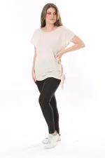 Kadın Büyük Beden Bej Yan Bağlamalı Bisiklet Yakalı Kısa Kollu Bluz 65N37849