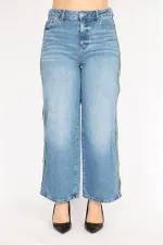 Kadın Mavi Büyük Beden Yan Şeritli 5 Cep Kot Pantolon