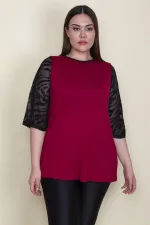 Kadın Bordo Kolları Flok Tül Detaylı Viskon Bluz 65N25580