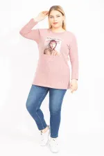 Kadın Mavi Yün Viskon Kumaş Aplike Ve Yan Yırtmaç Detaylı Tunik 65N35449