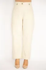 Kadın İndigo Ön Cepli Paçası Düğme İle Duble Paça Boy Ayarlı Gabardin Kumaş Pantolon 65N34888