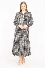 Kadın Siyah Dokuma Viskon Kumaş Etek Ucu Katlı Uzun Kollu Elbise 65N35513