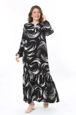 Kadın Büyük Beden Siyah Dokuma Viskon Kumaş Etek Ucu Katlı Uzun Kollu Elbise 65N37958