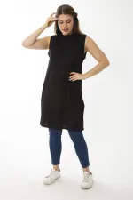 Kadın Büyük Beden Siyah Kaşkorse Kumaş Sıfır Yaka Yaka Kolsuz Uzun Bluz 65N37096