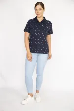 Kadın Lacivert Büyük Beden Pamuk Kumaş Marin Desen Polo Yakalı Kısa Kollu Bluz