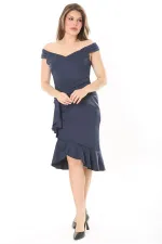 Kadın Büyük Beden Lacivert Bel Drapeli Etek Ucu Volanlı Elbise 65N37908